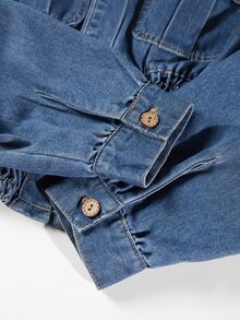 Balvessa Women's Single-Breasted Denim Jacket With Pockets, Cinched Waist, Long Sleeve, Fashionable - Blue - View 5