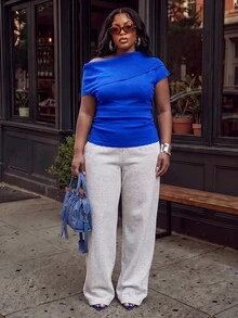 Slaydiva Plus Size Women's Knit Top, Draped Cowl Neck Plus Size Long Sleeve Soft Knitted Blouse - Blue - View 6