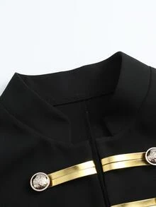 LUMIGAL Women's New Napoleon Jacket Short Gold Double-Breasted Top Outerwear, Spring/Autumn Stand Collar Gold Trim Puff Sleeve Versatile Jacket - Black - View 6