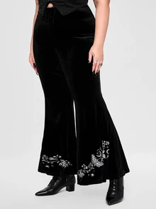 ROMWE Plus Size Women's Gothic Style Embroidered Butterfly & Moon Pattern Velvet Flare Pants - Black - View 4