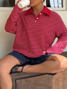 Muchica 大尺碼復古紅白條紋女款長袖 Polo 領 T 恤，休閒運動學院風 - 紅色 - 查看 3