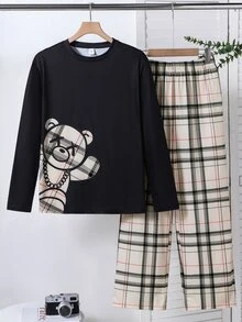 SHEIN 2件組青少年男孩休閒熊圖案黑色長袖T恤與經典格紋長褲睡衣套裝，舒適面料，適合秋冬、學校、家庭聚會、返校、生日派對、拍照、度假、假期，運動風，舒適可外穿 - 彩色 - 查看 5