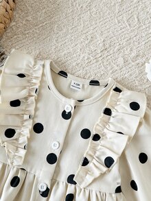 SHEIN Vintaside Kids 幼女甜美優雅米色黑色波點荷葉邊鈕扣長袖圓領修身A字裙，適合生日派對、婚禮賓客、秋季假期 - 白色 - 查看 4
