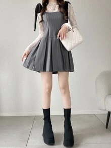 FRIFUL Women's Autumn Colorblock Spaghetti Strap Tie Bow Pleated Short Dress - Grey - View 7