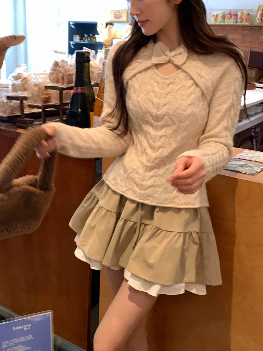 DAZY Women's Bowknot Long Sleeve 2 In 1 Sweater, Autumn/Winter - Beige - View 1