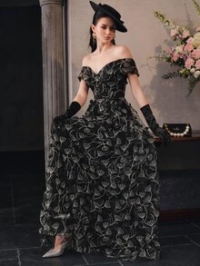 Anewsta Affair Women's V-Neck Cold Shoulder Backless Tie-Up Dress With Handmade 3D Floral Decor And Shiny Mesh Patchwork Evening Party Dress - Black - View 1