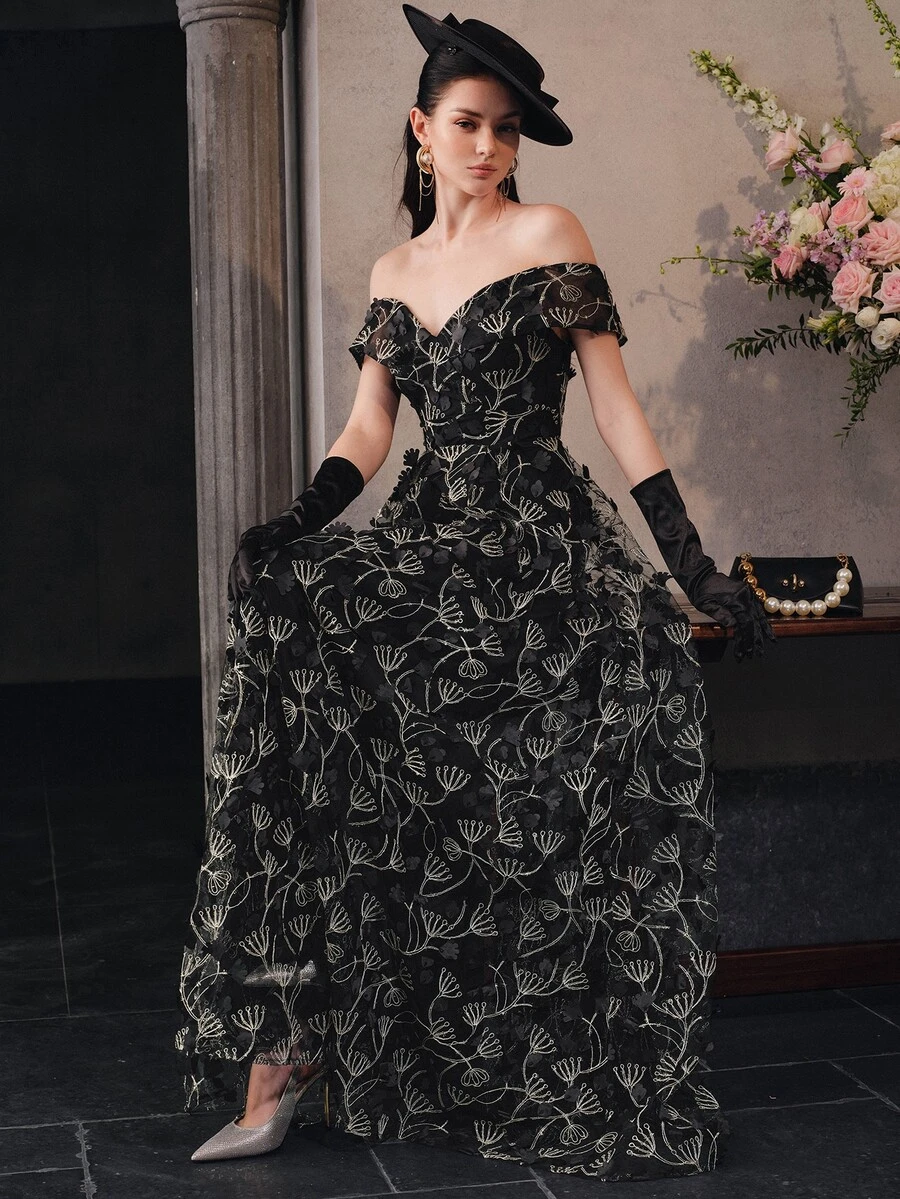 Anewsta Affair Women's V-Neck Cold Shoulder Backless Tie-Up Dress With Handmade 3D Floral Decor And Shiny Mesh Patchwork Evening Party Dress - Black - View 1