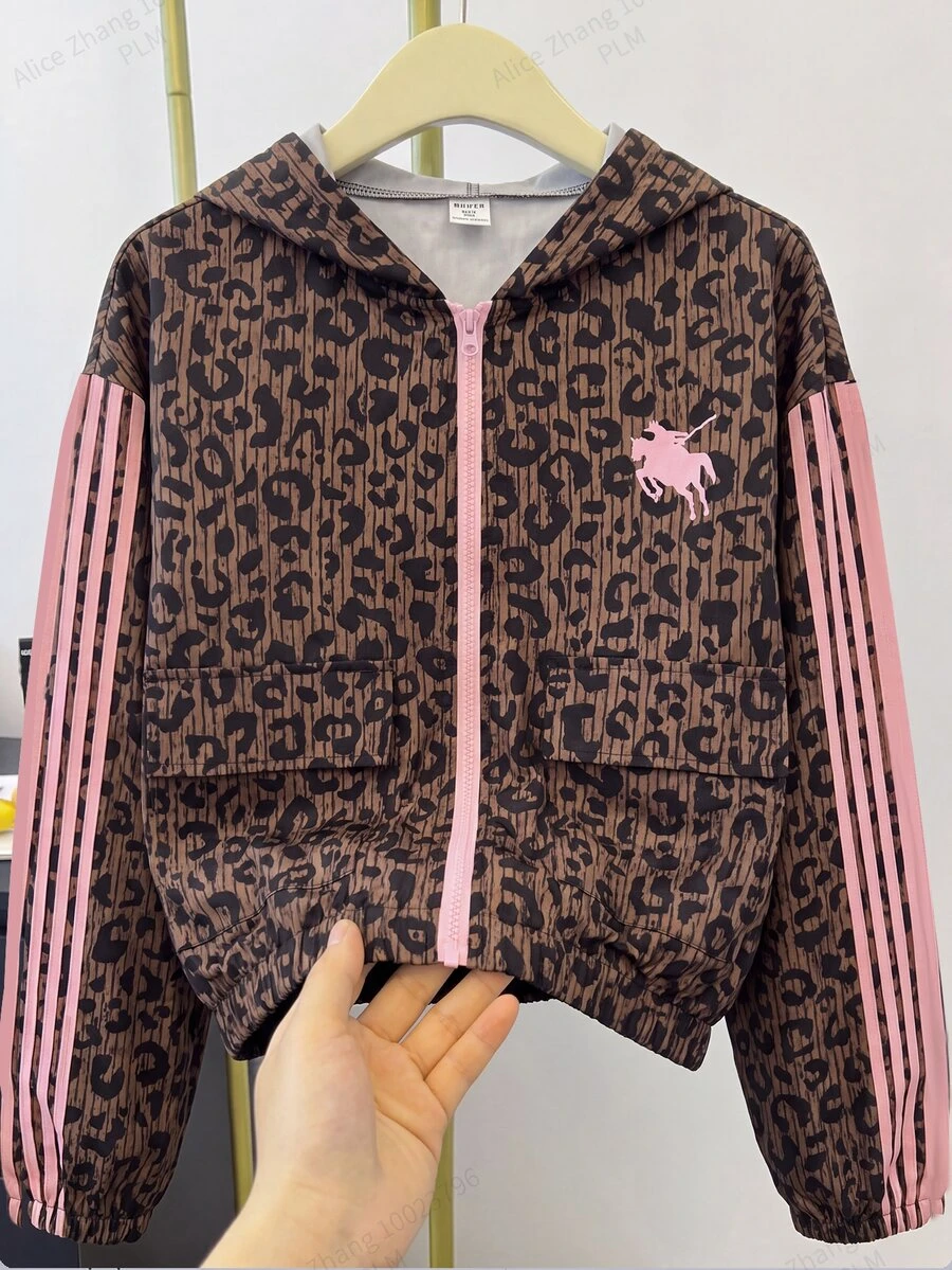 SHEIN جاكيت هودي كاجوال بسحاب طويل الأكمام بنقشة نمر وخطوط للمراهقات - بني - مشاهدة 1