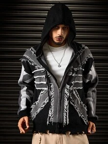 ROMWE MEN Men's Distressed Ripped Hem Sweater Cardigan - Grey - View 8