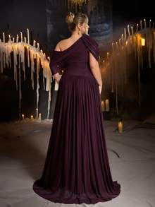 Glamrae Plus Size Elegant Romantic Asymmetrical Shoulder Ruched Sleeve Korean Style Full Skirt Evening Dress For Wedding, Single Party, Vacation, Holiday, Gathering, Music Festival, Graduation Season, Dinner - Red Violet - View 2