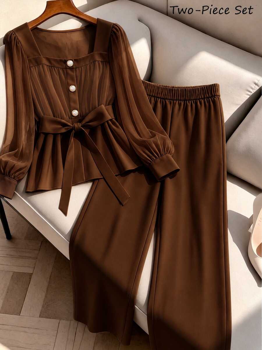 GlowEve CURVE Plus Size Women's Chiffon Long Sleeve Top & Wide Leg Pants Casual 2 Pieces Set Fall - Brown - View 1