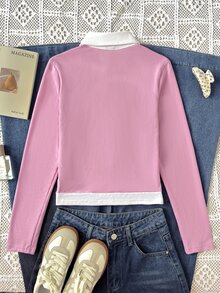 SHEIN 青少年女孩 T-shirt 春秋冬新款 粉色白色領口休閒學院風長袖 T-shirt，返校季，對比色襯衫領長袖休閒雙用途上衣 - 粉色 - 查看 2