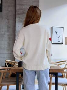 SHEIN Petite Size Heart Print Detailed With Front Button Casual Long Sleeve Cardigan - White - View 4