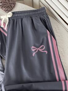 SHEIN 青少年女孩 T-Shirt 套裝 秋冬/春季休閒日常街頭風 配色蝴蝶結條紋印花圓領長袖 T-Shirt 與鬆緊抽繩運動長褲套裝，日常穿搭 - 灰色 - 查看 6