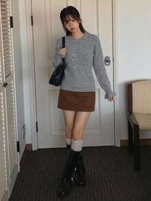 DAZY Women's Round Neck Long Sleeve Casual Minimalist Sweater - Grey - View 5
