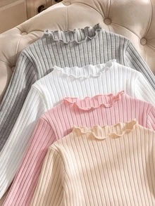 4pcs Baby/Toddler Autumn/Winter Cotton Ribbed Solid Color Ruffle Long Sleeve Tops, Cute T-Shirt Undershirts For Spring/Autumn, Versatile Fashion Tops - Multicolor - View 3