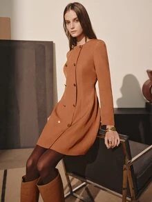 MOTF PREMIUM WOMEN'S SOLID COLOR LONG SLEEVE DOUBLE-BREASTED ROUND NECK FASHION BUSINESS DRESS - Coffee - View 7