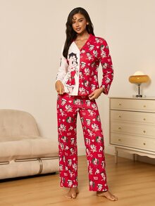 Betty Boop x SHEIN Bộ đồ ngủ nữ áo tay dài phối màu tương phản cài nút và quần dài in họa tiết hoạt hình - Đỏ và trắng - Xem 4