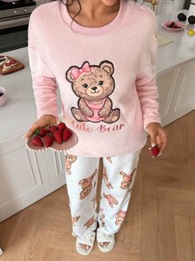 SweetSlumber Women's Letter Cartoon Print Long Sleeve Top And Pants Casual Daily Home Sleepwear Set - Multicolor - View 1
