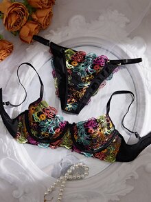 Crystal Vow Black Base Multicolor Floral Embroidered Lace Lingerie Set, Adjustable Spaghetti Strap Back Hook Underwire Bra, Low Waist Spaghetti Strap Women's Triangle Panty 2 Pieces Set - Multicolor - View 1