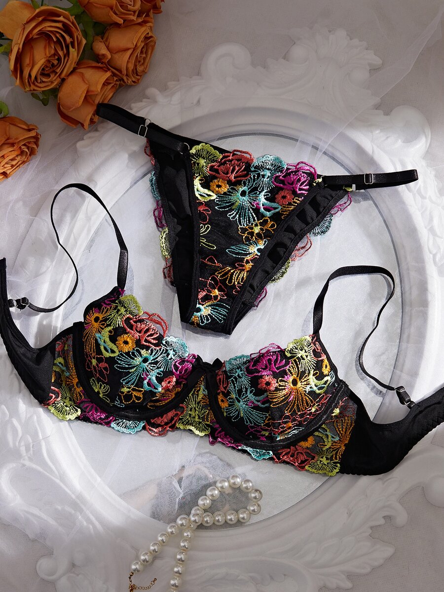 Crystal Vow Black Base Multicolor Floral Embroidered Lace Lingerie Set, Adjustable Spaghetti Strap Back Hook Underwire Bra, Low Waist Spaghetti Strap Women's Triangle Panty 2 Pieces Set - Multicolor - View 1