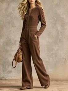 LUMIGAL Jumpsuit Kasual Wanita Musim Gugur Lengan Panjang Leher Bulat dengan Resleting Depan dan Kantong - Khaki - View 3