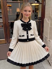 2pcs Spring/Autumn/Winter Tween Girl Long Sleeve 3D Bow & Rhinestone Button Top + High Waist Pleated Mini Skirt, Light Apricot & Black Colorblock Minimalist Design, Suitable For Daily Wear / Party - Apricot - View 3