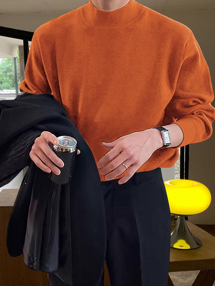 Marcello Vane 男士舒適極簡純色長袖針織衫,適合日常穿著 - 橘色 - 查看 1
