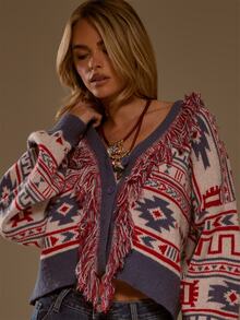 MUSERA Cardigan Rajut Fair Isle dengan Detail Rumbai Bergaris dan Kancing Depan, Model Crop Oversized untuk Musim Gugur dan Musim Dingin, Gaya Koboi Barat yang Imut - MultiWarna - View 2