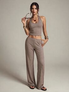 SHEIN Tall Women's Tall Two Pieces Set: Brown Halter Top And Trousers – Casual, Work-Ready, And Vacation - Brown - View 4