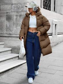 SHEIN Petite Size Solid Brown Color Zip Up Long Padded Coat With Hoodie Winter Coat To Keeping Warm - Brown - View 3
