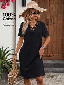 EMERY ROSE Women's Vacation Casual Plain V-Neck Hollow Patchwork Mid-Length Short Sleeve Dress Brunch Black - Black - View 6
