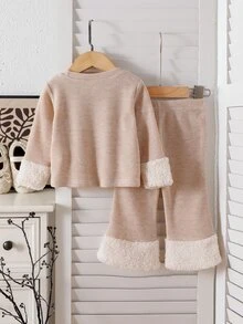 SHEIN 2pcs Toddler Girl Top + Pants Set Cute Sweet Beige Ribbed Knit Fuzzy Cuffs Long Sleeve Round Neck Thick Holiday Winter Fall Solid - Apricot - View 2