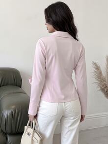Modelyn Women's Solid Color Side Waist Tie Long Sleeve Casual Shirt - Pink - View 2