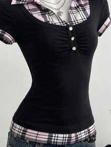 Elamini Kaos Wanita 2-in-1 Motif Kotak-kotak Patchwork Kasual Slim Fit Lengan Pendek - Hitam - View 6