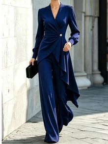 RosyDaze Women's Pleated Asymmetrical Hem Top And Casual Pants 2 Pieces Set - Navy Blue - View 5