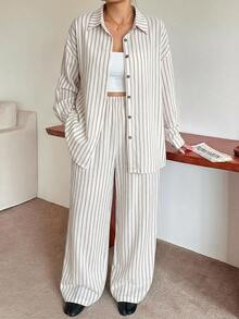 Dazy Plus Fun Commute Office Casual Striped Loose Fit Spring/Autumn New 2 Pieces Set - Apricot - View 3