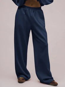 MUSERA 女款大廓形刷毛休閒運動長褲，度假機場風，90年代夏季風格，適合畢業季、返校季、教師穿著，春季休閒款 - 霧霾藍 - 查看 2