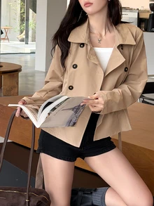 K-Vae Women's Long Sleeve Button-Up Collar Solid Color Casual Trench Coat Jacket - Apricot - View 7