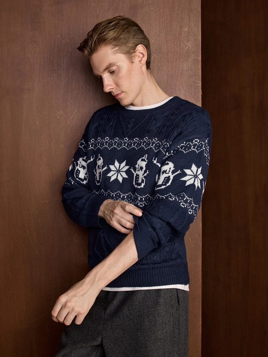 Manfinity CityGents Men's Geometric Pattern Button Design Long Sleeve Casual Sweater - Royal Blue - View 1