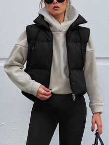 SHEIN Petite Size Zip Up Detailed With Drawstring Solid Black Color Casual Puffer Vest Coat - Black - View 3