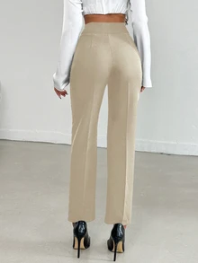 SHEIN بنطال طويل كاجوال للنساء الصغيرات بلون موحد مع أزرار أمامية وجيوب - بيج - مشاهدة 2