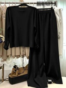 GlowEve CURVE Plus Size Knit Solid Color Cardigan With Front Button Closure, Striped Slim Fit Camisole With Drawstring Decor, Elegant Casual Commute Daily Outing Long Pants - Black - View 2