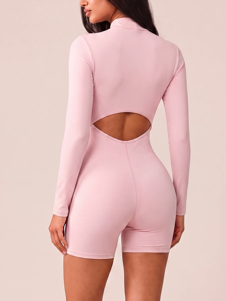 SHEIN BAE Women's Solid Color Hollow Back Design Long Sleeve Sports Romper - Baby Pink - View 1