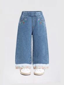 SHEIN 1pc Girls Casual Preppy Denim Straight Leg Floral Pants - Blue - View 3