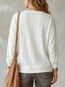 SHEIN LUNE 女款大尺碼V領長袖寬鬆柔軟針織毛衣，秋冬女裝 - 白色 - 查看 2