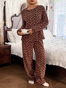 CottageSlumber Vintage Brown Ditsy Floral Home Set, Comfortable Soft Plush Round Neck Long Sleeve Pants 2 Pieces Set - Brown - View 10
