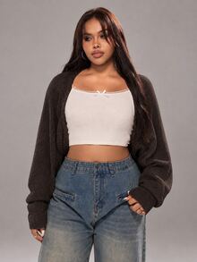 Rustia New Bat-Sleeve Plus Size Women's Knit Cardigan Shawl - Coffee Brown - View 4