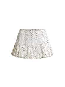 ROMWE Kawaii Y2K Low Waist Polka Dot Romantic Apricot Pleated Denim Skirt - Apricot - View 1