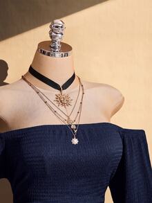 SHEIN ICON 女款大尺碼黑色紋理露肩洋裝 - 藏蓝色 - 查看 5